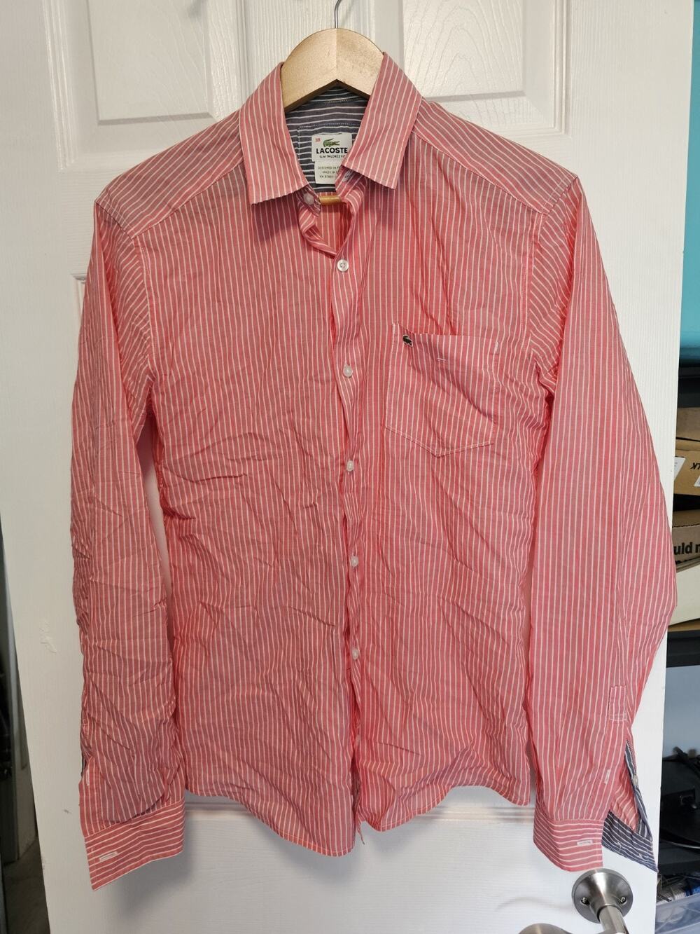LACOSTE SLIM TAILORED FIT PINK WHITE STRIPE LACOSTE SIZE 38 BUTTON DOWN